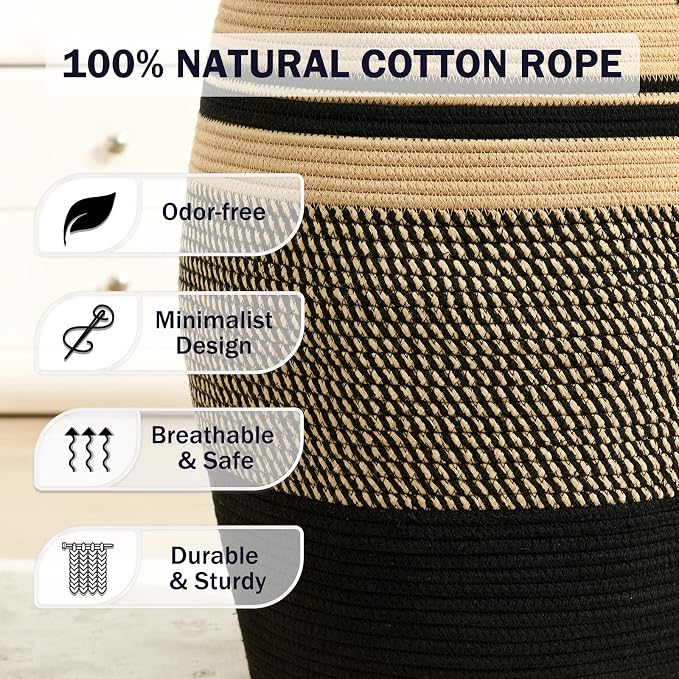 Extra Large Laundry Hamper Basket 105L Woven Blanket Basket, Brown & Black | Tall Clothes Hamper, Rope Wicker Laundry Basket, Storage Basket for Toys, Dirty Cothes in Bedroom, Living Room Organizer