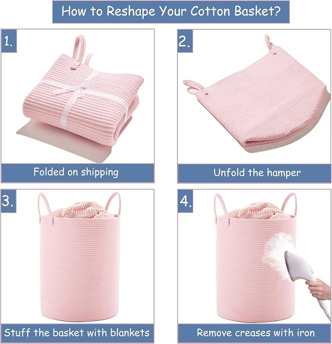 80L Large Pink Hamper Laundry Basket for Baby Girls Kids | Tall Hamper for Nursery Woven Rope Clothes Hamper for Little Girls Room Bedroom Light Pink 16"D x 22"H Extra Large