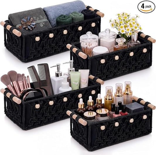 Vesici 4 Pcs Black Macrame Storage Basket for Shelves 13 in 11 in Boho Storage Basket Hand Woven Boxes with Wood Handles Beads Decorative Countertop Toilet Tank Cabinet Organizer for Home Room Decor