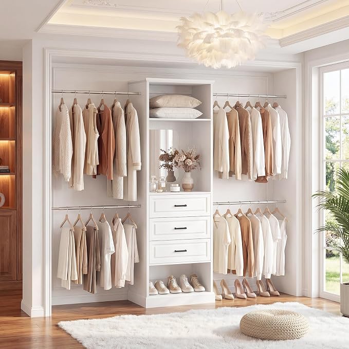 Unikito Closet System, 4FT - 9FT Closet Organizer with Mirror, Luxury Walk in Closet Insert with Drawers and 4 Hanging Rods, Sturdy Wood Wardrobe Closet Garment Rack with 25” Tower, White