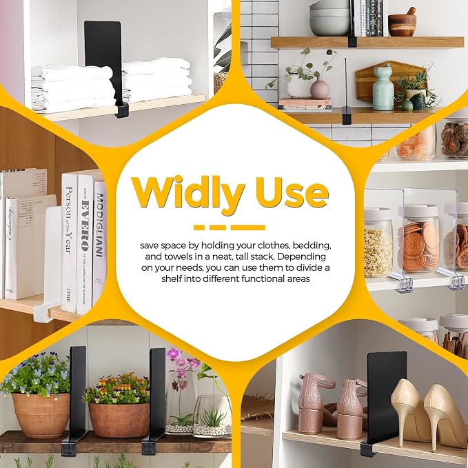 Matte Black Acrylic Shelf Dividers for Closets Organizer & Storage,12 Pack | Adjustable Vertical Wood Shelf Closet Separators, Keep Clean, for Clothes,Book,Bags, in Bedroom and Kitchen
