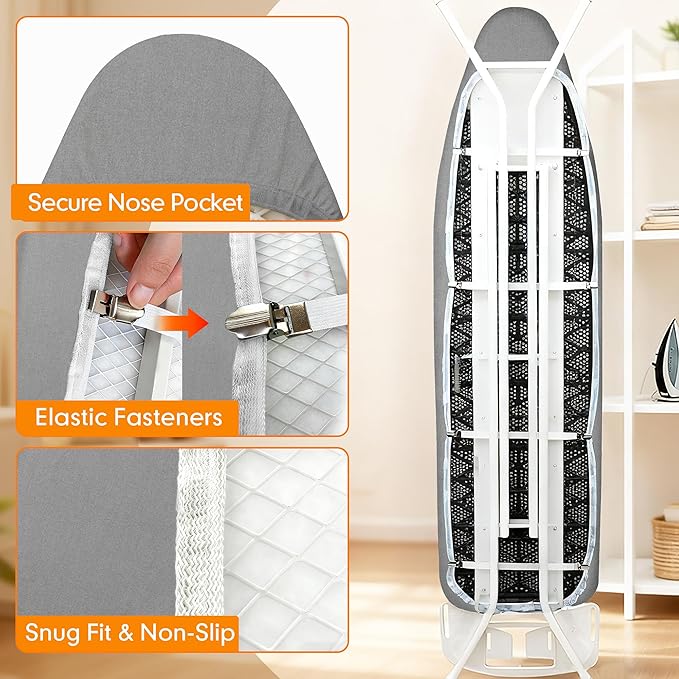 Ironing Board Cover and Pad, 21x57 Extra Large Thick Iron Padding, Scorch & Stain Resistant Ironing board cover, Heavy Duty Iron Board Padded with Adjustable Fasteners Durable Elastic Edge, Grey