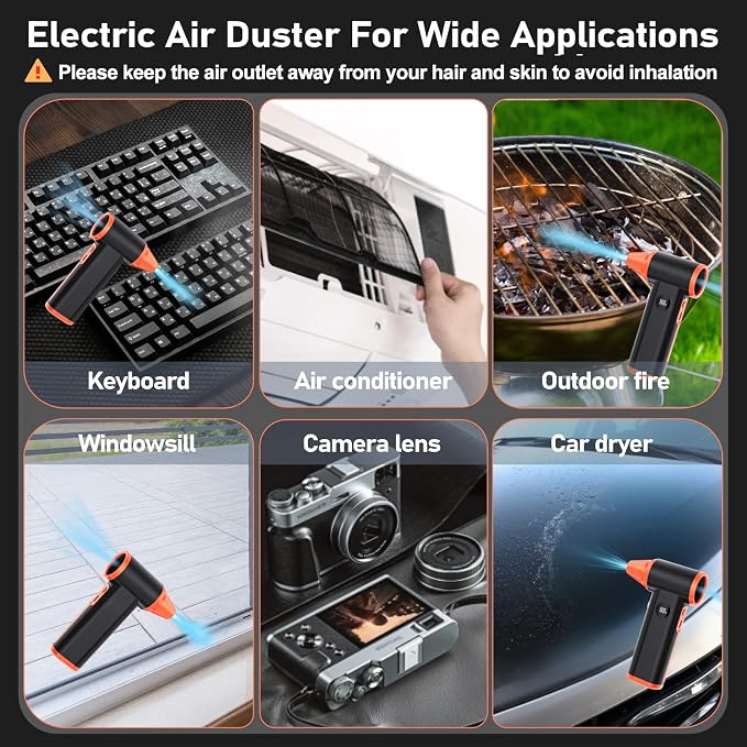 Compressed Air Duster Rechargeable Electric Air Duster for PC Keyboard Mini Dust Blower 130000RPM Cordless Air Blower Jet Dryer Turbo Fan Handheld Blower for Car Home Office, Black-Orange