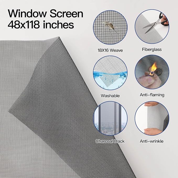 Window Screen Door Repair Kit Include Window Screens Mesh 48"x118" with All Tools in Window Screen Replacement(2pcs Screen Rollers, Screen splines, Hook, Utility Knife and Ruler), Yolovit