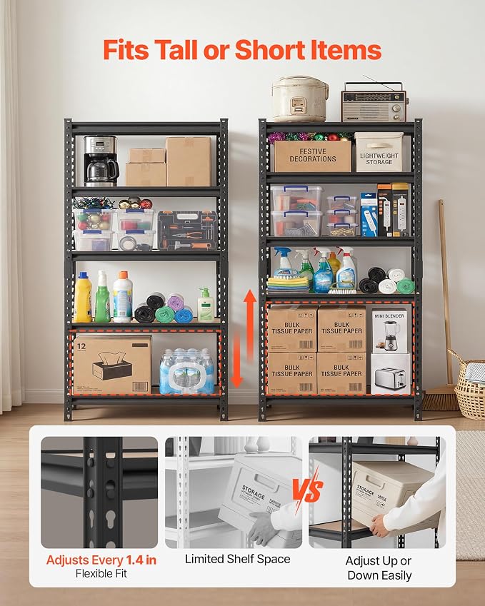 VEVOR Storage Shelves, 5-Tier Adjustable, 2000 lbs Capacity, Heavy Duty Garage Storage Shelving Unit, Metal Utility Rack Shelf, for Kitchen Pantry Basement Bathroom, 32.36" W x 16.34" D x 62.76" H