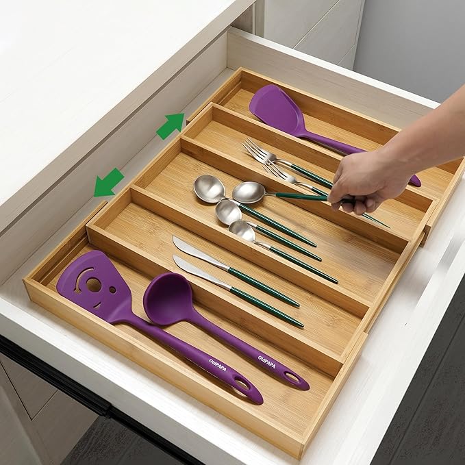 Utoplike Bamboo Expandable Kitchen Drawer Organizer, Adjustable Utensil Holder and Cutlery Tray Organiser, Drawer Divider for Silverware, Flatware, Knives in Kitchen, Bedroom, Living Room, 5 Slot