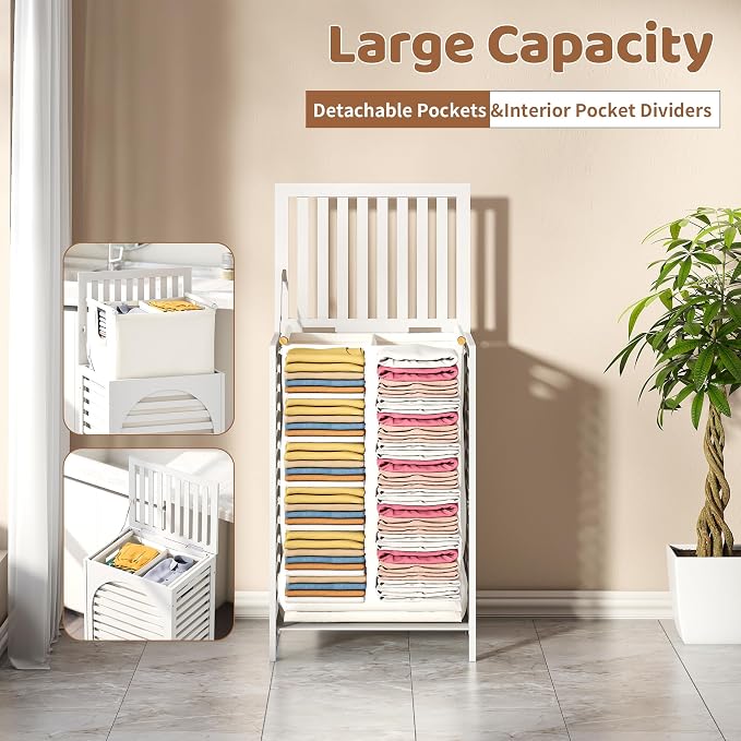 Laundry Hamper with Lid (16.9 * 13 * 26.5inches) Large Bamboo Laundry Bin Basket 85L Clothes Hamper with 1 Removable Bag Storage baskets for Bathroom (White)