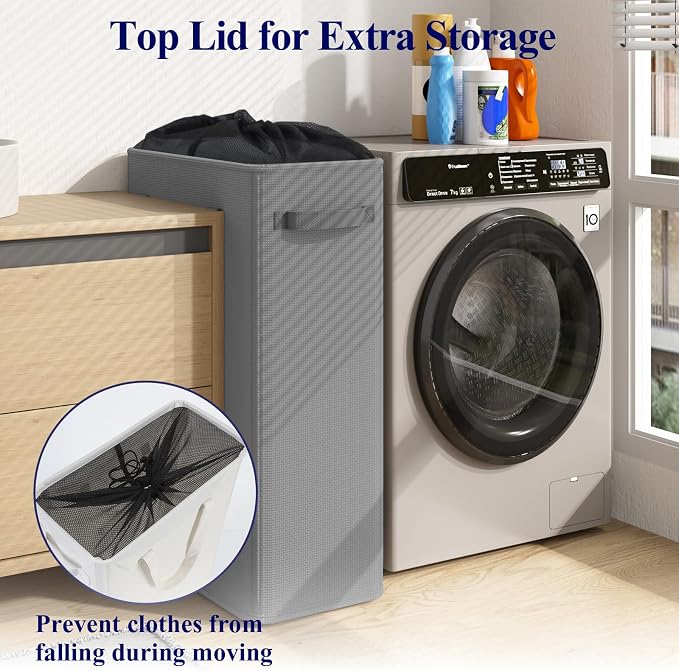 Optish 75L Slim Laundry Hamper, Large Laundry Basket With Handles, Narrow Laundry Basket for Dorm, Bedroom, Living Room, Collapsible Laundry Hamper, Grey