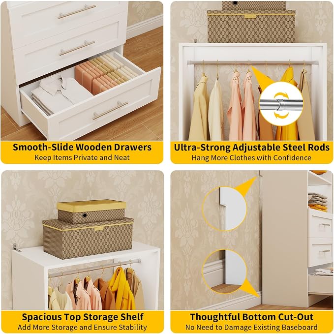 Closet System Set of 4, 8FT-21FT Walk in Closet System with 12 Drawers & 8 Adjustable Hanging Rods, Custom Closet Organizer Systems with 4 Shelves, Modular Closet Storage System Organizer Kit, White