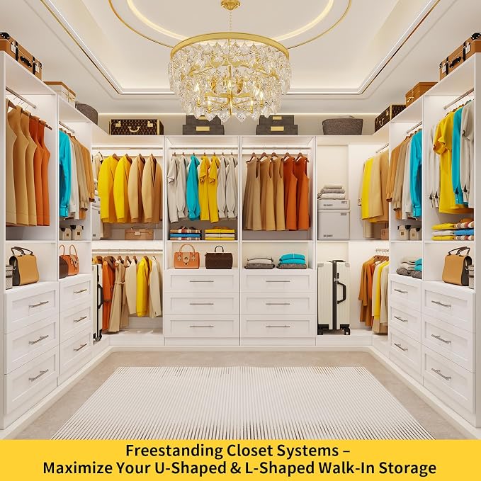 Corner Closet System with 3 Drawers, Closet Organizer,2 Sets,White | 5 Hanging Rods, Heavy Duty Walk in Wooden Modular Storage System, Custom L-Shaped U -Shaped Freestanding 1400+ Lbs Capacity