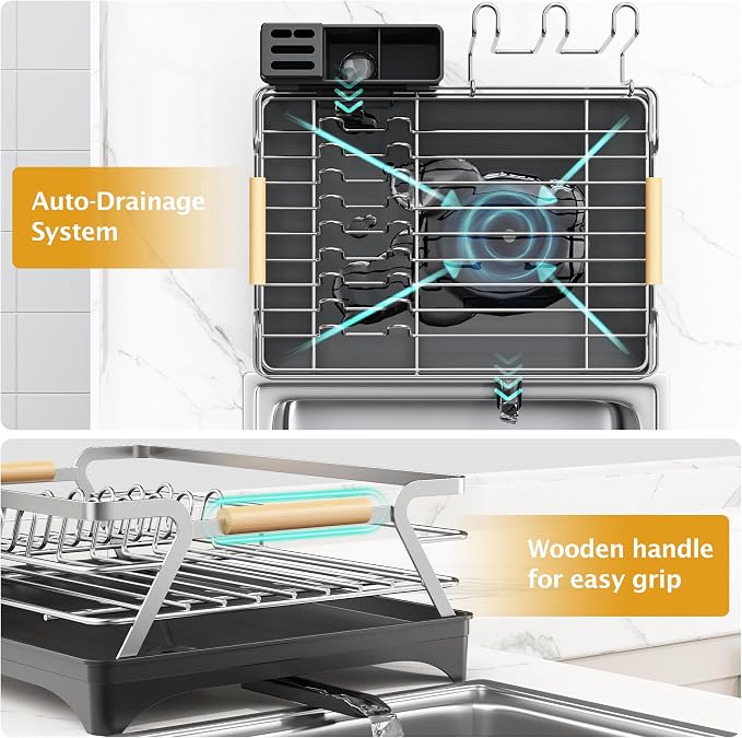 Epicano Dish Drying Rack for Kitchen Counter,Large Capacity,Silver | Raised Feet,Rustproof,Wooden Handle,Auto-Drainage System,Cup Holder & Knife Slots, Sink Storage Organizer