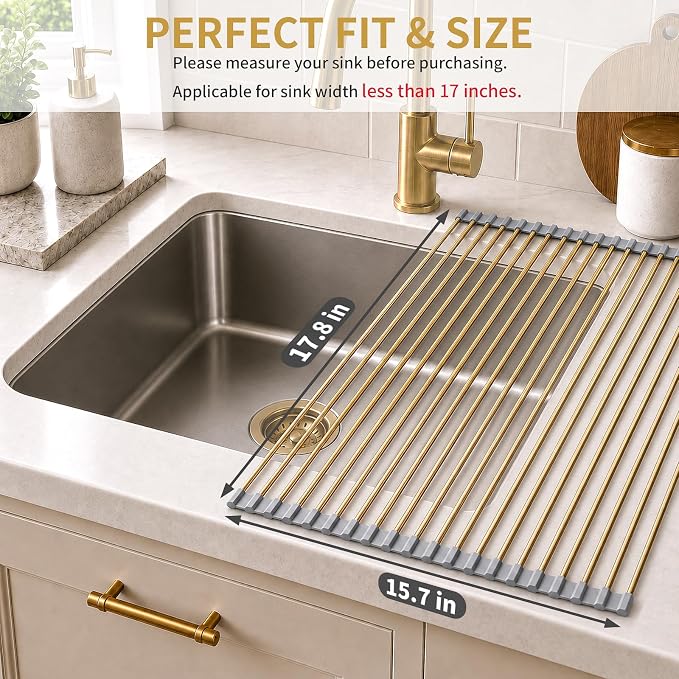 Gold Roll Up Dish Drying Rack Over Sink, Foldable Stainless Steel Drainer Non-Slip Sink Drying Rack Sink Accessories for Kitchen Countertop (17.8×15.7in)