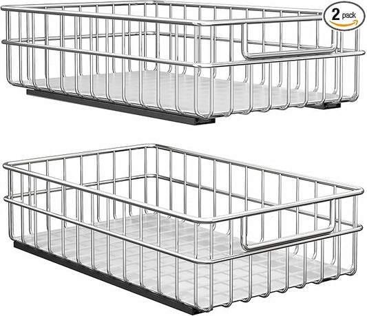 Pull out Cabinet Organizer, Stainless Steel 2-Pack Slide out Drawer with Silent Full-Extension Slides, Adhesive Roll out Can Spice Storage Basket Shelf Rack for Pantry, Kitchen, Bathroom, Home Closet