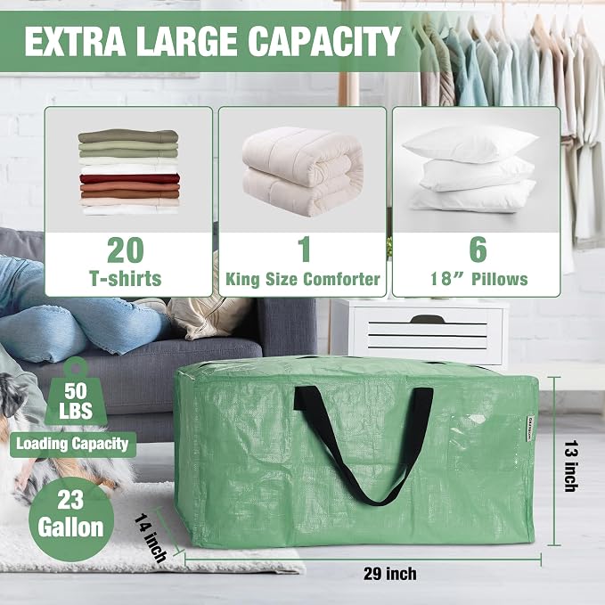 WORKPRO 6 Pack Extra Large Moving Bags with Backpack Straps & Handles | Heavy Duty Moving Storage Bags, Green, Double Zippers for Moving, Dorm, Closet Storage, Travel & Space Saving