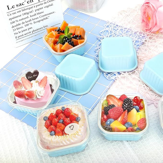 30Pack 5oz Blue Mini Cake Pans with Lids and Spoons Baking Cups Aluminum Foil Pans Tins, Individual Dessert Cups Containers for Sales,Party,Picnics