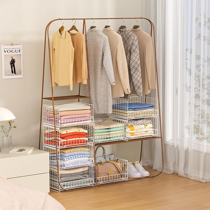 Hongtamoya 4-Tier Sliding Closet Organizers and Storage Shelves, Stackable Closet Shelf Organizer Basket Bins, Drawer Shelf Storage Container for Wardrobe Cupboard Kitchen Bathroom Office, White