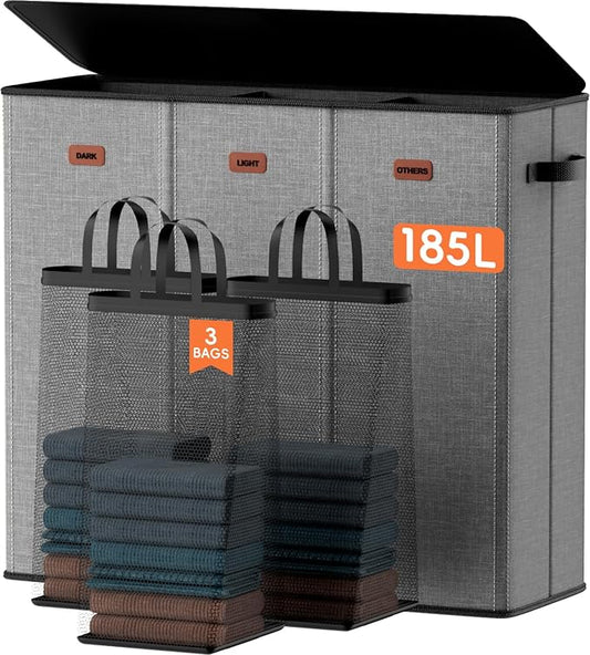 185L Laundry Hamper 3 Section, Laundry Hamper with Lid, Dirty Clothes Hamper with 3 Removable Washing Bags, Extra Large Laundry Basket Organizer for Bedroom, Laundry Room, Dorm - Gray