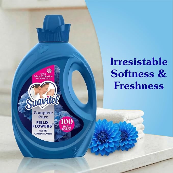 Suavitel Complete Liquid Fabric Softener, Field Flowers Scent, 100 fl oz | Fabric Conditioner, HE Compatible, Concentrated Formula, Long-Lasting Freshness, Wrinkle Reduction, Laundry Softening
