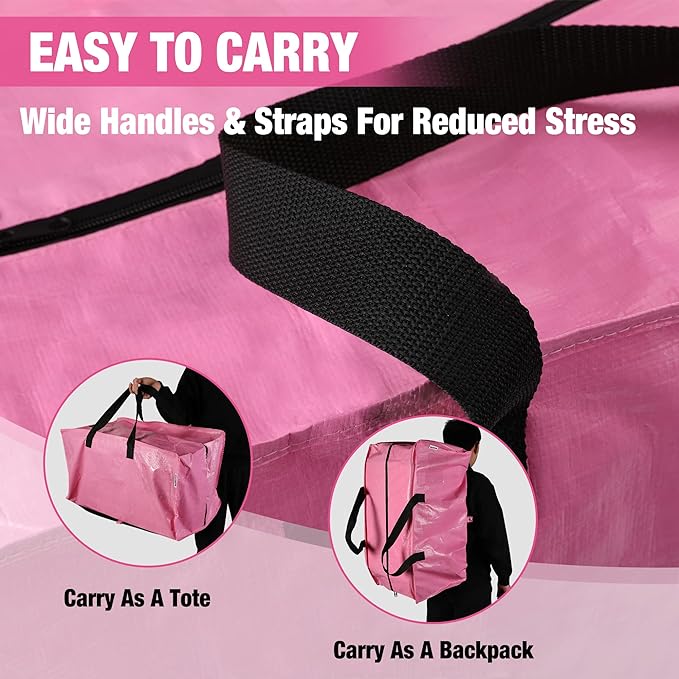 WORKPRO 6 Pack Extra Large Moving Bags with Backpack Straps & Handles | Heavy Duty Pink Moving Storage Bags for Moving, Dorm & Closet Storage, Double Zippers for Easy Packing