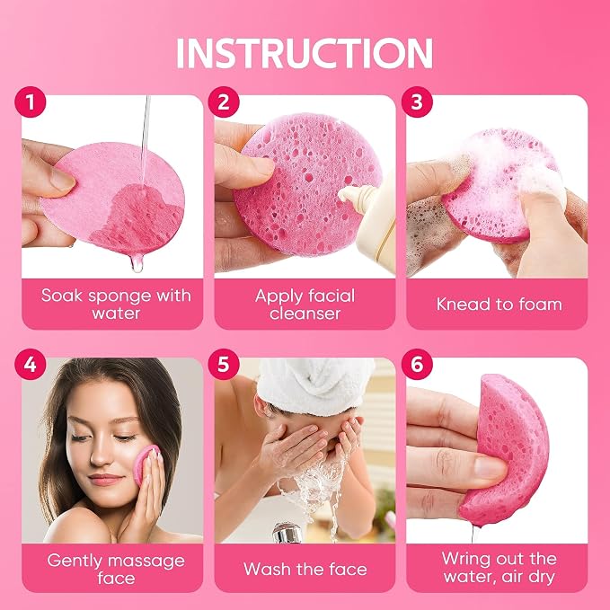 GAINWELL Bride to Be Gifts, 50-Count Compressed Facial Sponge, Daily Facial Cleansing and Exfoliating, 100％ Natural Cosmetic Spa Sponges for Makeup Remover, Reusable, Pink