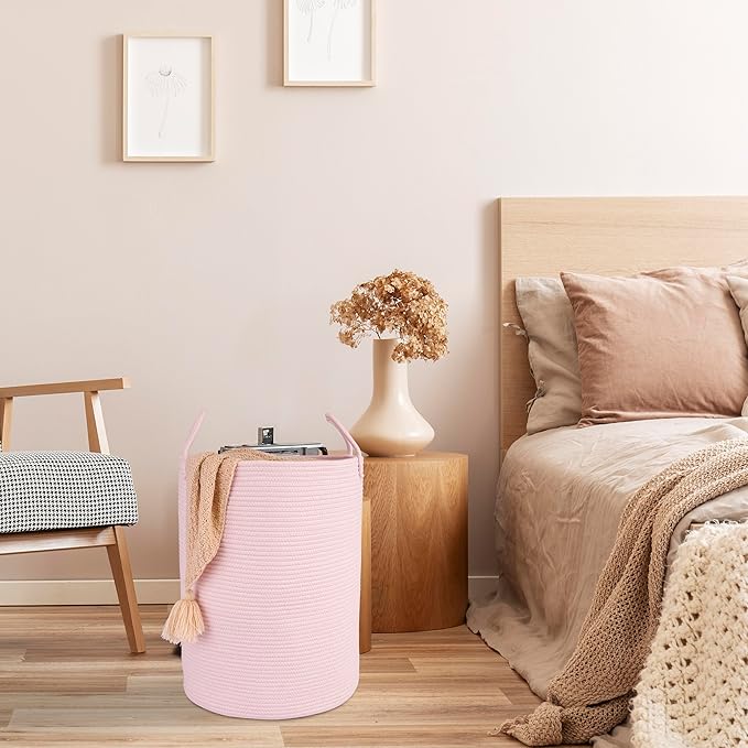 XUANGUO Cotton Rope Laundry Basket Hamper for Clothes Large Light Pink | Woven Storage Basket for Living Room Bedroom Boho Tall Rope Baskets for Blanket Toys Pillow Towels Baby Nursery Hamper Bin