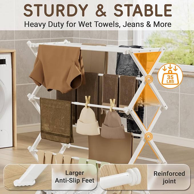 Foldable Clothes Drying Rack, Reinforced Joints, White | 35 lbs load, rustproof carbon steel, adjusts 17.7"-29"W, indoor & outdoor, tool-free