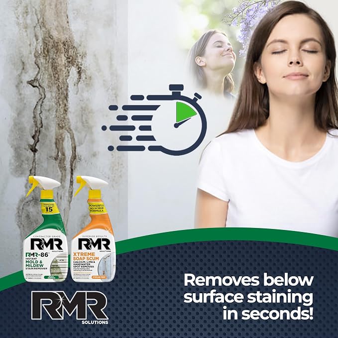 RMR Instant Mold & Mildew Stain Remover Spray + Xtreme Soap Scum Remover, No-Scrub Indoor/Outdoor Cleaning System for Bathroom, Shower, Siding, & Deck, 2–32 Oz Bottles