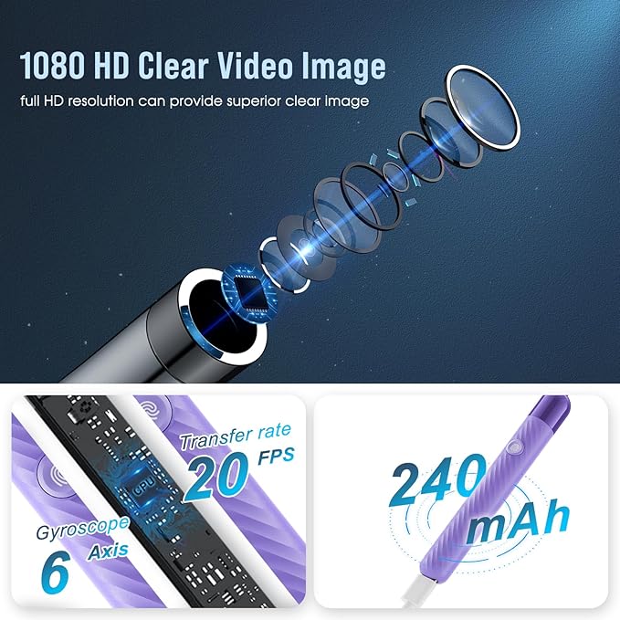LEIPUT Ear Wax Removal Tool - Ear Cleaner with 1080P Camera - Ear Canal Cleaner - Ear Cleaning Kit with 6 Ear Spoon - Ear Camera for iOS & Android - Purple