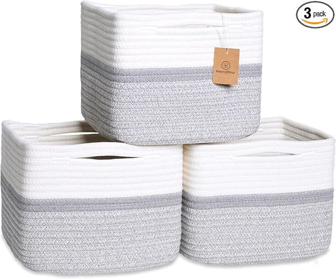 NaturalCozy Storage Cubes 9”x9”x7”Cotton Rope Woven Baskets for Organizing 3-Pack | 9 Inch Cube Storage Bin | Small Basket for Shelf Nursery, Pantry, Decorative Plant, Bathroom Closet, Toy Gift