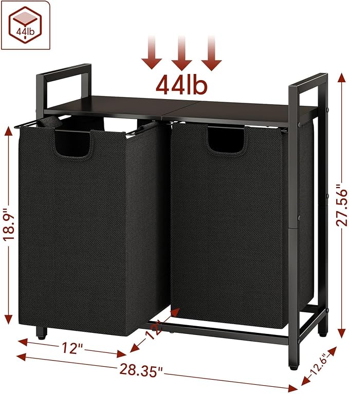 Kitstorack Laundry Basket Organizer, Laundry Hamper with Shelf & 2 Pull-Out Removable Bags, Dirty Clothes Hamper Organizer for Laundry Room Bathroom and Dorm, 2 x 11.8 gallons (44.5L)