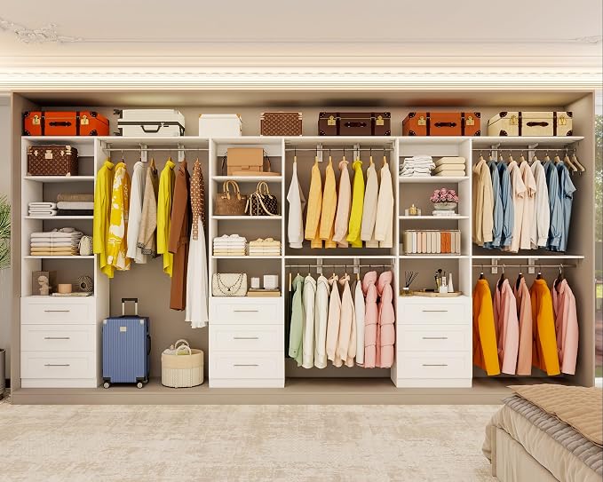 Closet System with 9 Drawers, 8FT-17FT Closet Organizer System Storage Storage Adjustable with 9 Cuttable Shelves for Walk in Closet with 9 Expandable Hanging Rods, 3 Sets , White