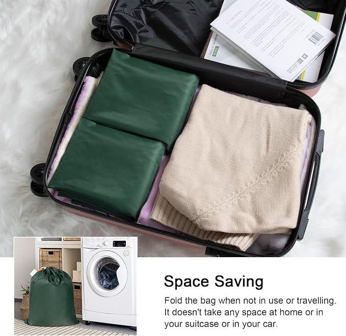 Extra Heavy-Duty Laundry Bag with Handles, Green, 21x24” | Medium Size, Name ID Tag, Machine Washable, Reinforced Handles, Drawstring Closure, For College Dorm Travel