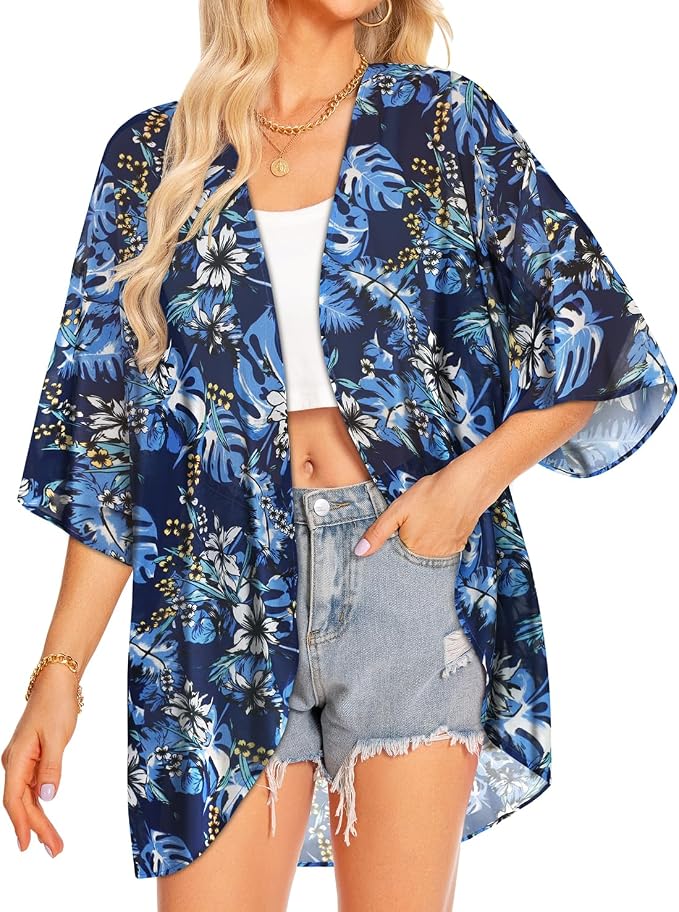 Women Kimono Cardigans Summer Cover Up Hawaiian Shirts Floral Print Tops | ROSEMIA chiffon kimono open front cardigans, beach cover ups, daily casual tops, cruise outfits, summer resort wear