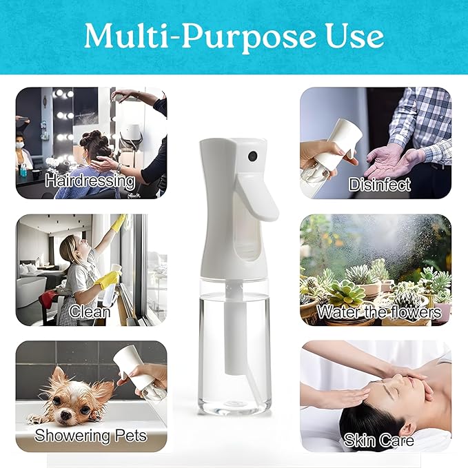 Mist Spray Bottle 200ml – Fine Mist Sprayer for Hair, Plants, Cleaning & Skincare | Refillable Salon Quality Water Mister, (Non-Toxic BPA Free) with White & Clear bottle (Pack of 1)