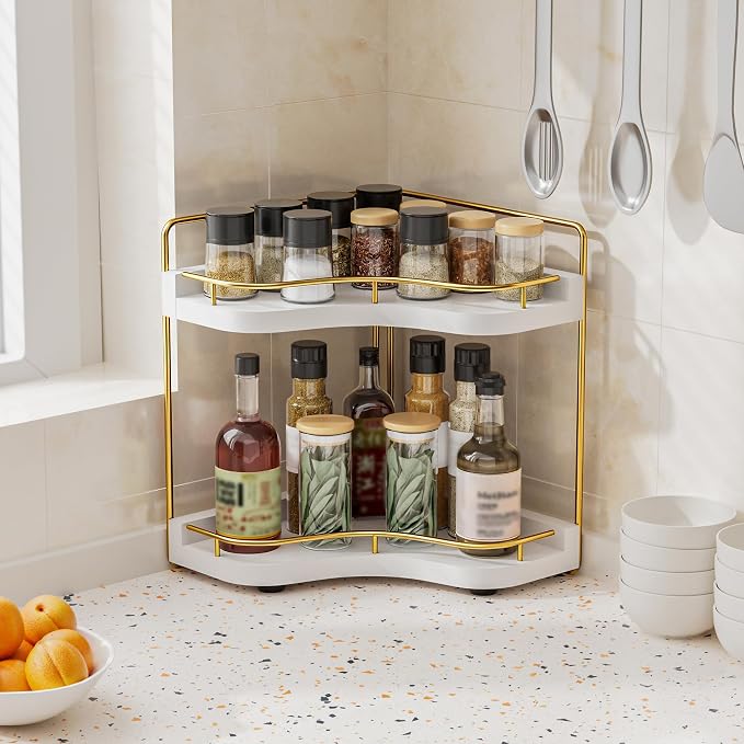 2-Tier Corner Bathroom Counter Organizer, Larger Size | Embedded Screw Holes, Sturdy & Stable, Oversized, Holds More, Vanity Shelf for Makeup & Skincare, White Gold