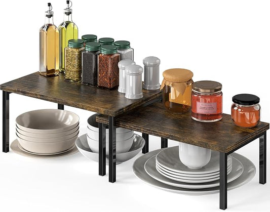 Simple Houseware Stackable Cabinet Counter Shelf Wooden Top, Rustic Brown | Expandable Organizer 7.6" D x 11.75" W x 6.1" H