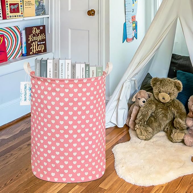 Round Laundry Basket Collapsible Storage Hamper Organizer Pink Heart | Waterproof Canvas Foldable Baskets with sturdy Handles Multi-scene Organizer for Home Play Bedroom Gift Bin