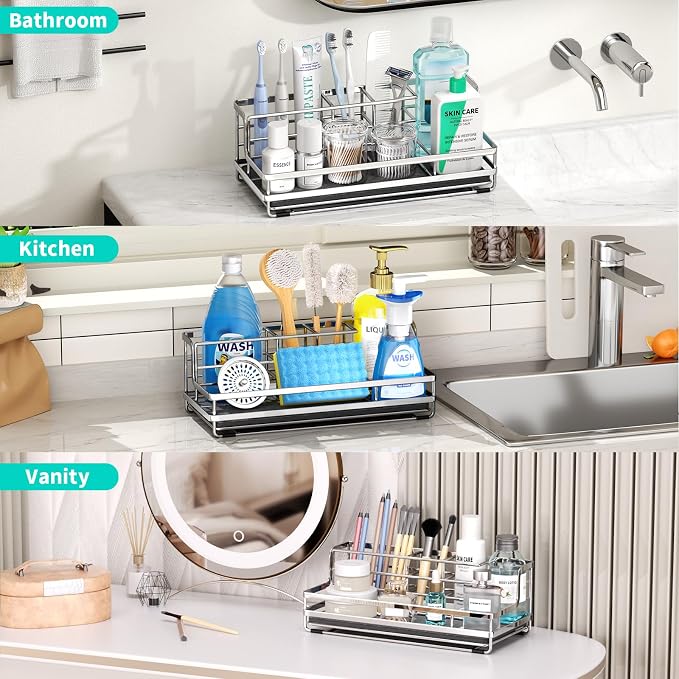 HapiRm Toothbrush Holders for Bathroom - 5 Partitions Bathroom Counter Organizer with Instant Drying Stone, Stainless Steel Countertop Storage Electric Toothbrush Toothpaste Holder - Silver(Large)