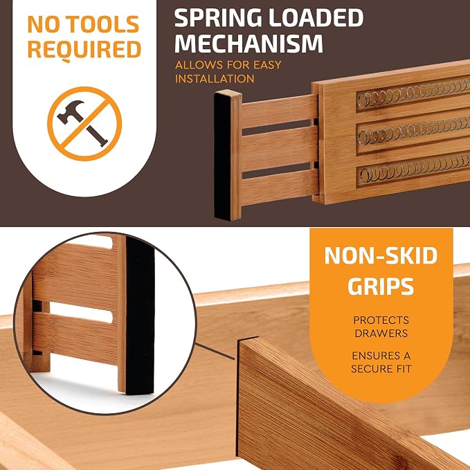 6 Pack Bamboo Drawer Dividers - 6 Inch High for Deep Drawers, Adjustable 11.5 to 17 Inch Expandable Kitchen Drawer Organizer, Spring Loaded Dresser Separator for Clothes, Bedroom, Bathroom, Office