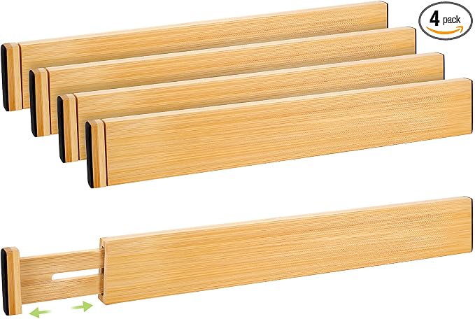 Fyvva Drawer Divider, Adjustable Bamboo Kitchen Drawer Organizer, Spring Loaded Drawer Organizer, Dresser Separators for Kitchen, Bathroom, Clothes, Office Desk Storage (Natural, 4 Pack Large)