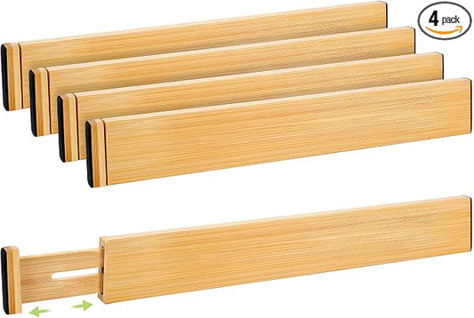 Fyvva Drawer Divider, Adjustable Bamboo Kitchen Drawer Organizer, Spring Loaded Drawer Organizer, Dresser Separators for Kitchen, Bathroom, Clothes, Office Desk Storage (Natural, 4 Pack Large)