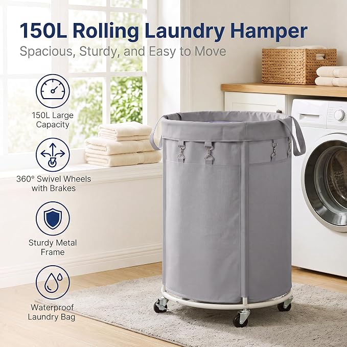 150L Large Capacity Rolling Laundry Basket Hamper with Wheels, Clothes hamper and Removable Bag for Home, Laundry Room, Bedroom, Bathroom, Apartment, Dorm
