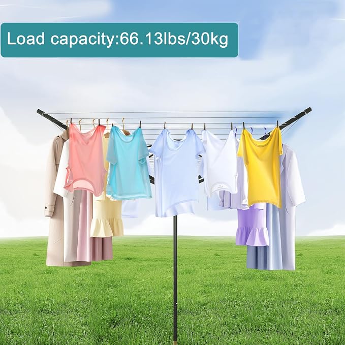MYOYAY 165 Ft Outdoor Umbrella Drying Rack Rotary Retracting Clothesline | Adjustable Height Collapsible Umbrella Clothesline 4 Arm Heavy Duty Clothes Drying Rack with 12 Lines for Laundry Outdoors