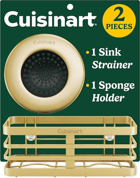 Cuisinart 2 Piece Sink Set – Sink Drain Strainer with Stainless Steel Rim & Silicone Mesh Base & Sponge Holder for Kitchen Sink, Metal Caddy with Triple Suction Cups, Daily Kitchen Essentials