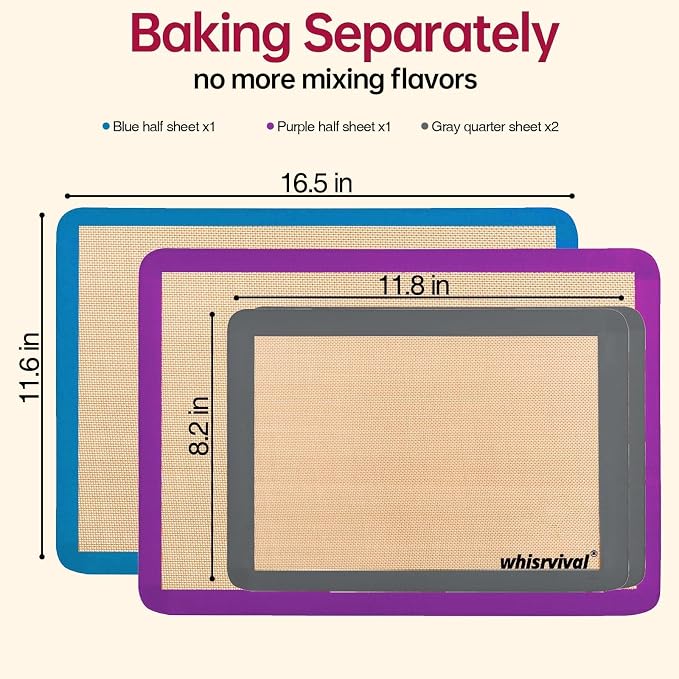 4 Pack Silicone Baking Mat, Non-Stick Silicone Baking Sheet, Food Safe Silicone Mats for Baking, 480℉ Heat Resistant, 2 Half & 2 Quarter (Purple, Blue, Grey)