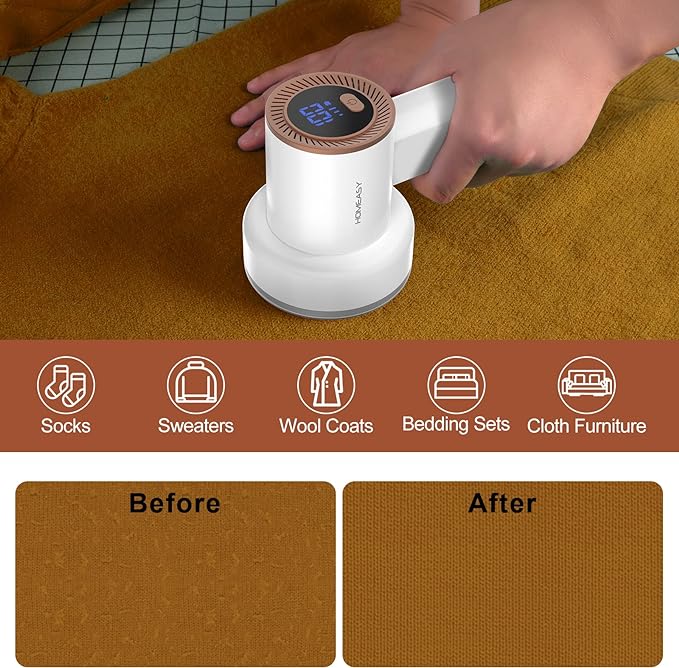 HOMEASY Fabric Shaver, Rechargeable Lint Remover for Clothes White | Electric sweater shaver and depiller with 70mm head, 6-leaf blades, LED battery display and Type-C charging for Furniture