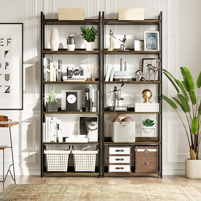 NUMENN Bookshelf, 6 Tier Freestanding Shelving Unit, Dark Walnut | Metal Frame & Wood Shelves, Falling Prevention Baffle, Open Storage Bookcase for Bedroom, Living Room & Home Office