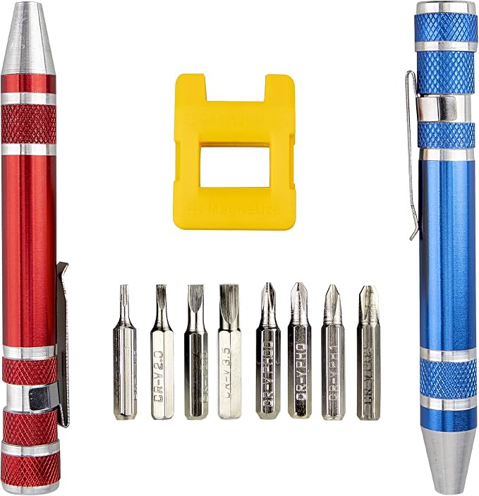 SWATOM 8 in 1 Mini Screwdriver Set Small Screwdrivers Pen Magnetic Repair Tools EDC Compact Precision Gadgets for Computer Eyeglasses Daily Home Improvement Use (Blue&Red+ Magnetizer Tool)