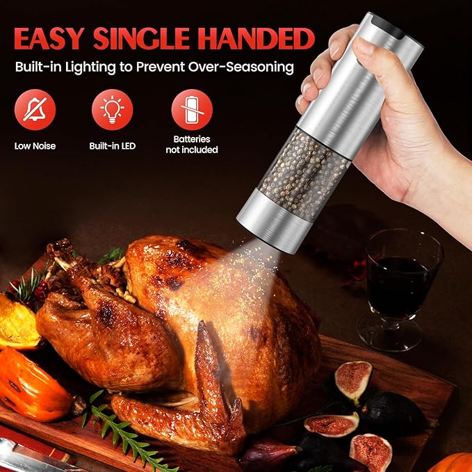 Electric Salt and Pepper Grinder- Automatic Battery Pepper Mill Shakers Kitchen Essentials for New Home Adjustable Coarseness Upgraded Larger Capacity with Led for Housewarming Gifts