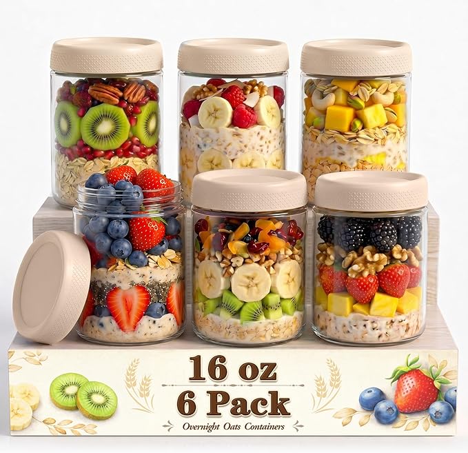 16 oz Overnight Oats Containers with Lids, Yogurt Containers with Lids | 6 Pack Glass Storage Containers with Lids, Wide Mouth Mason Jars, Glass Jars with Airtight Lids for Yogurt, Chia Seed, Prep
